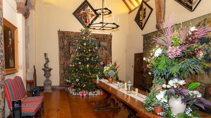 Christmas decorations in the Great Hall at Packwood House, Warwickshire
